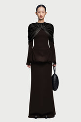 Gathering Long Sleeve Top & High Waist Maxi Skirt Set