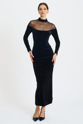 Velvet Splicing Long Sleeve Midi Dress
