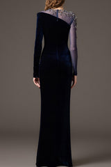 Velvet Rhinestone Rivets Asymmetrical Maxi Dress