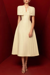 V-Neck Ruched Midi Dress With Cape