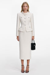 Stand Collar Rhinestone Button Top & Midi Skirt Set