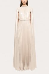 Satin Pleated Cape Sleeve Maxi Dress With Belt