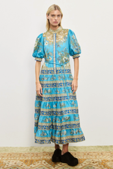 Paisley Print Stand Collar Puff Sleeve Midi Dress