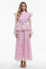 Organza Floral Ruffle Midi Dress With Belt