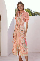 Paisley Print Single Breasted Midi Dress With Belt