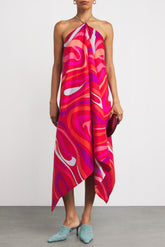 Abstract Print Metal Chain Backless Midi Dress
