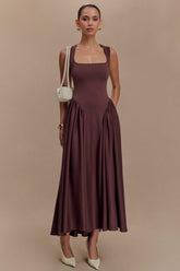 Solid Square Collar Gathering Midi Dress