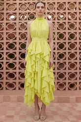 Solid Halter Neck Ruffle Maxi Dress