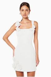 Jersey 3D Flower Square Collar Mini Dress