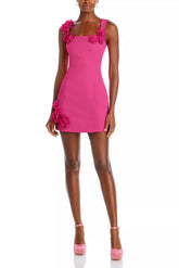 Jersey 3D Flower Square Collar Mini Dress
