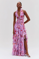 Floral Halter Neck Ruffle Maxi Dress