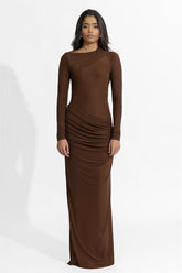 Solid Gathering Long Sleeve Maxi Dress