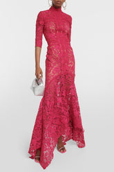 Lace Stand Collar Mid Sleeve Midi Dress