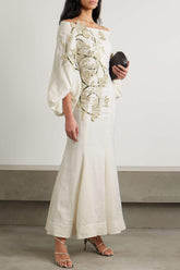 Floral Appliquéd Puff Sleeve Maxi Dress