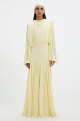 Gathering Round Neck Lantern Sleeve Maxi Dress