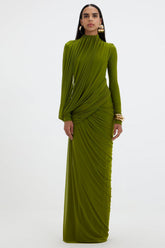 Mesh Gathering Long Sleeve Maxi Dress