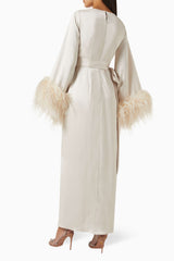 Satin Lace-Up Feather-Trimmed Pleated Maxi Dress