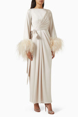 Satin Lace-Up Feather-Trimmed Pleated Maxi Dress