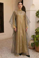 Organza Stand Colllar Maxi Dress With Cape