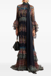 Paisley Print Ruffle Raglan Sleeve Maxi Dress