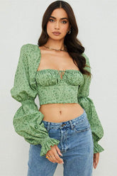 Floral Puff Sleeve Square Collar Top