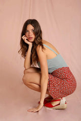 Floral Buttoned Ruffle Mini Skirt Red