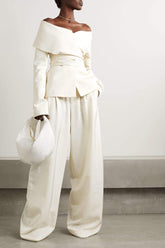 Long Sleeve Off-Shoulder Lace Up Pants Set White