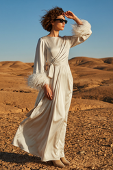 Satin Lace-Up Feather-Trimmed Pleated Maxi Dress