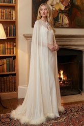 Slip Satin Maxi Dress With Ostrich Feather Cape