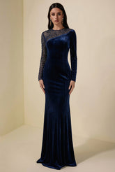 Velvet Rhinestone Rivets Asymmetrical Maxi Dress