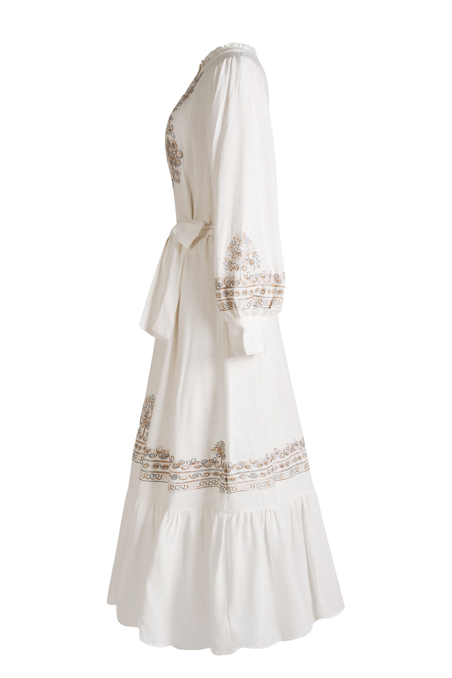 Embroidered Lace-Up Lantern Sleeve Midi Dress