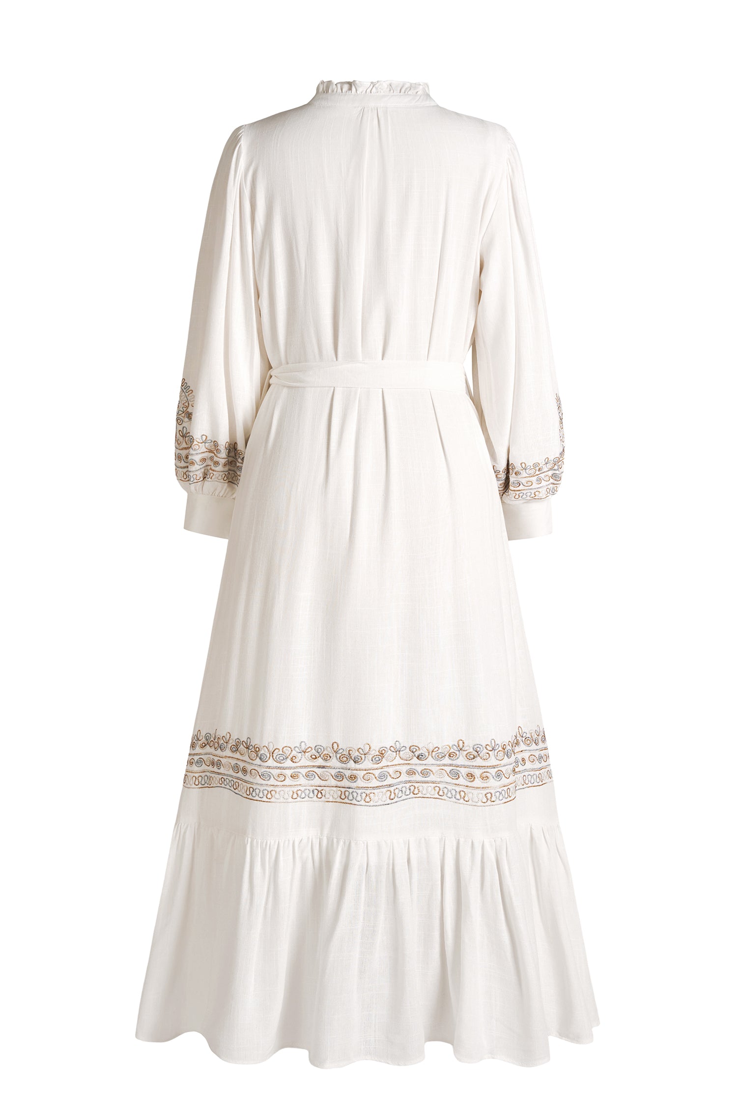 Embroidered Lace-Up Lantern Sleeve Midi Dress