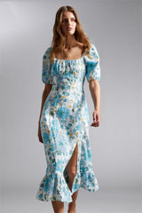 Floral Puff Sleeve Square Collar Slit Midi Dress