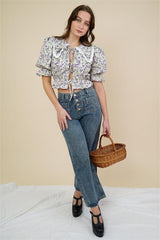 Floral Puff Sleeve Doll Collar Blouse