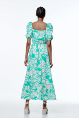 Floral Puff Sleeve V-Neck Large Hemline Maxi Dress