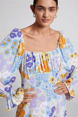 Floral Puff Sleeve Split Midi Dress