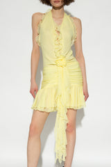Sleeveless V-Neck Ruffle Hem Halter Neck Mini Dress