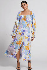 Floral Puff Sleeve Split Midi Dress