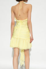 Sleeveless V-Neck Ruffle Hem Halter Neck Mini Dress