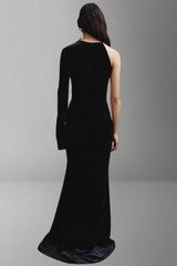 Velvet Splicing Satin Bow One-Shoulder Maxi Dress