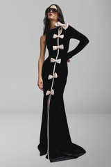 Velvet Splicing Satin Bow One-Shoulder Maxi Dress