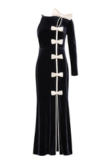 Velvet Splicing Satin Bow One-Shoulder Maxi Dress