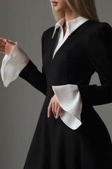 Contrast Color Splicing Bell Sleeve Midi Dress