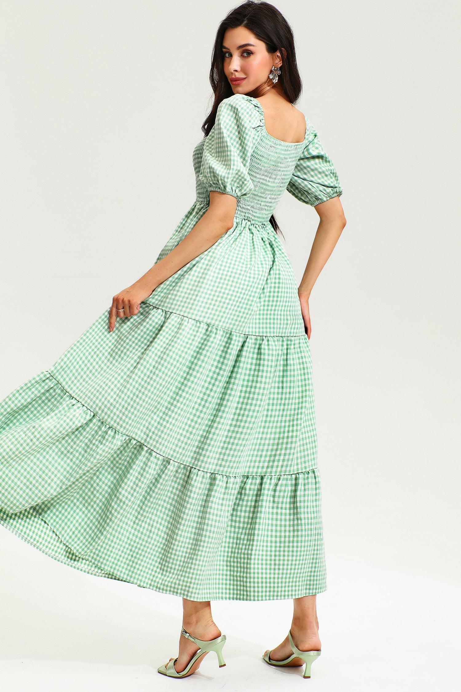 Lattice Short Sleeve Square Collar Midi Dress