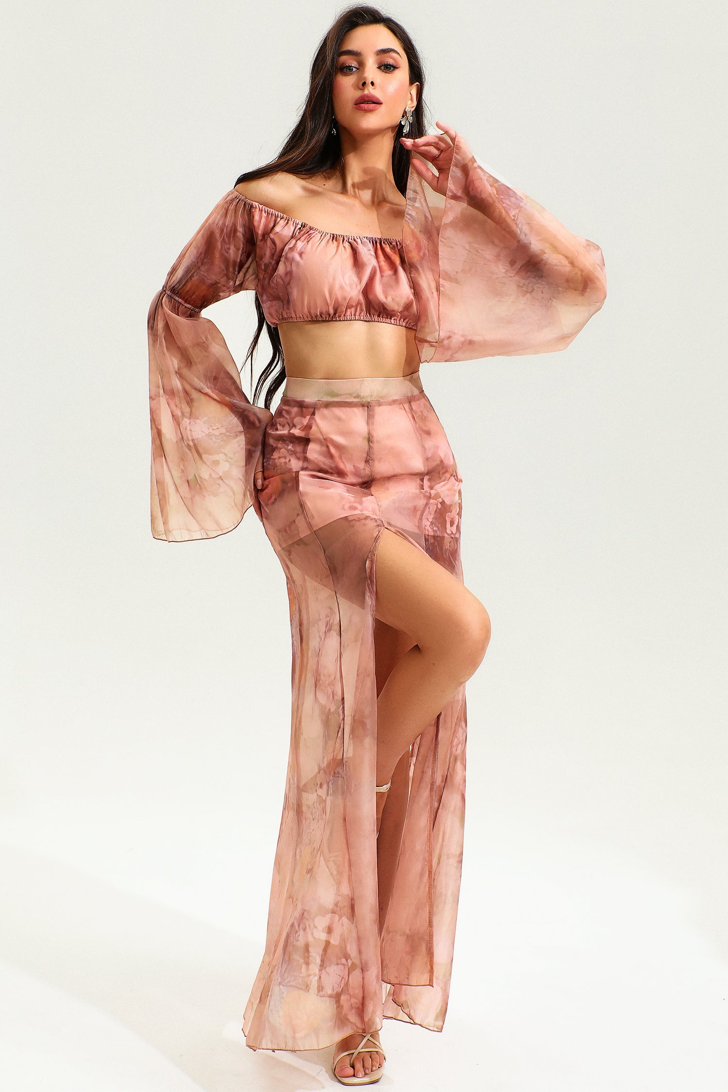 Floral Flared Sleeve Ruched Top & Slit Maxi Skirt Set