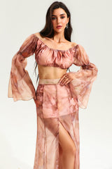 Floral Flared Sleeve Ruched Top & Slit Maxi Skirt Set