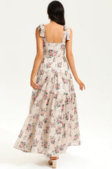 Floral Corset Backless Lace Up Maxi Dress Beige