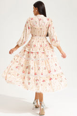 Floral Lantern Sleeve Buckle Midi Dress Yellow