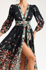 Floral Long Sleeve V-Neck Lace Up Midi Dress Black