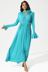 Lantern Sleeve High Collar Flower Split Midi Dress